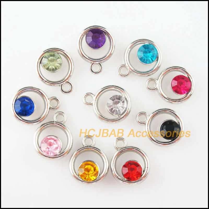

Fashion 30Pcs Dull Silver Plated Mixed Crystal Round Circle Charms Pendants 12x15mm