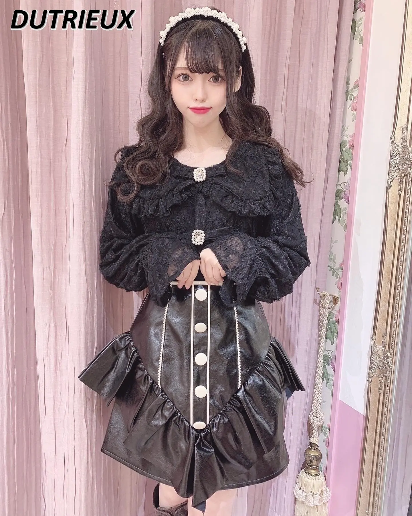 

Japanese Summer Girl's Bottoms SK Popular Sweet Cute Retro French PU Leather Ruffled Skirt All-matching Cute Short Skirt