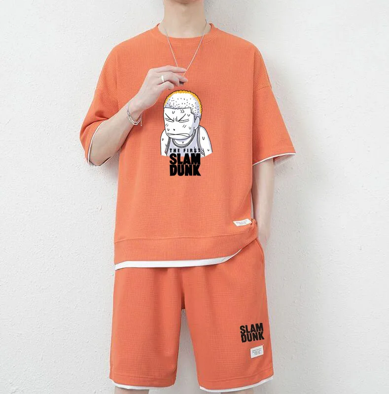 Slam Dunk Print Men Tops + Pants 2 Piece Set Japanese Anime Casual T-shirt and Shorts Summer Short Sleeve Basketball Sportswear