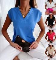 summer solid color short sleeve v neck ladies shirt shirts womens blouse woman top