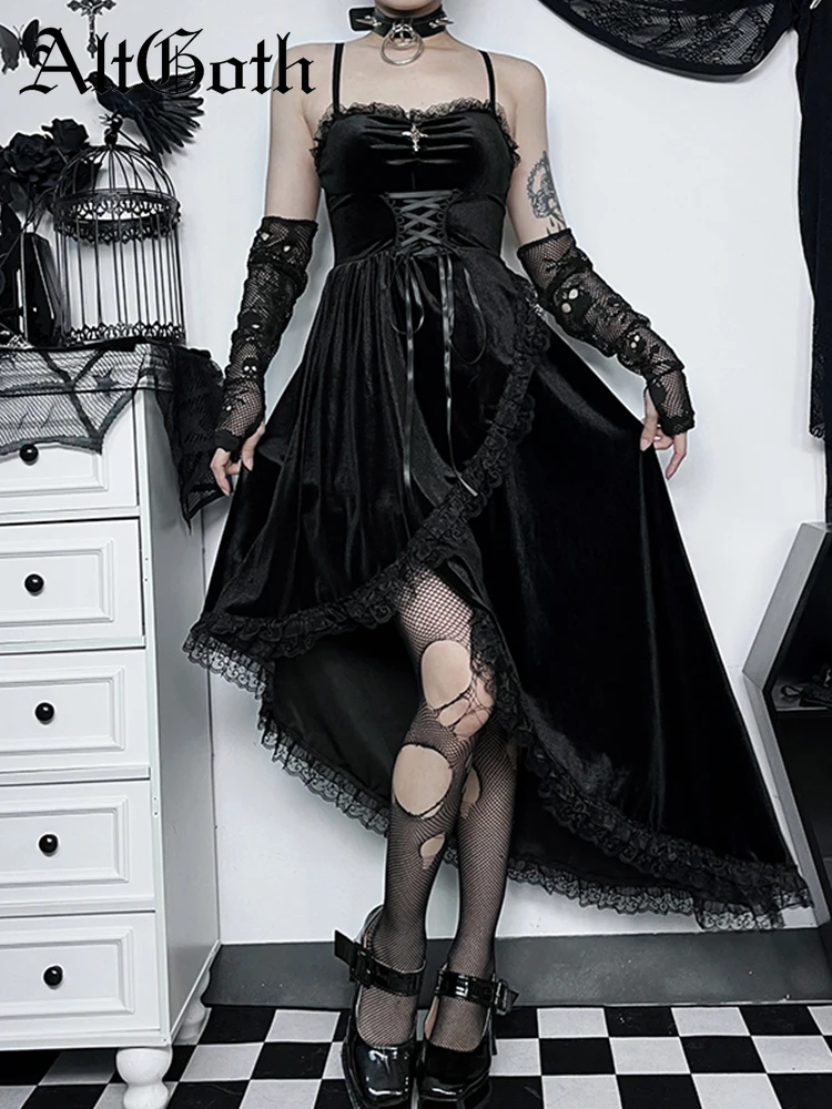 

AltGoth Vintage Palace Style Gothic Dress Women Aesthetic Elegant Lace Patchwork Spaghetti Strap High Waist Bandage Corset Dress