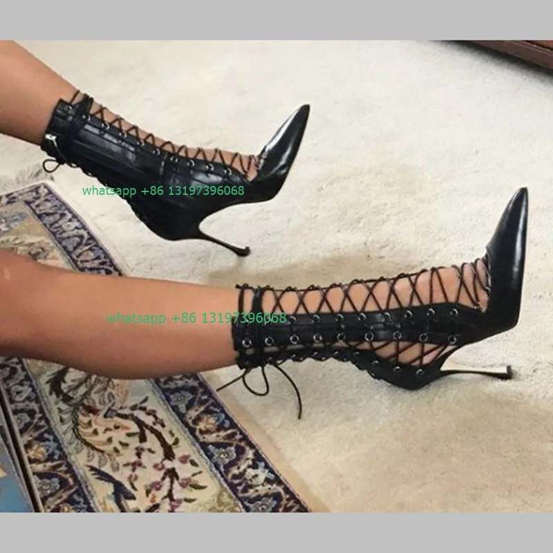 

Женские черные ажурные ботинки с острым носком, Классические ботинки в стиле панк на шнуровке, винтажные туфли-лодочки на каблуке, обувь размеров 46