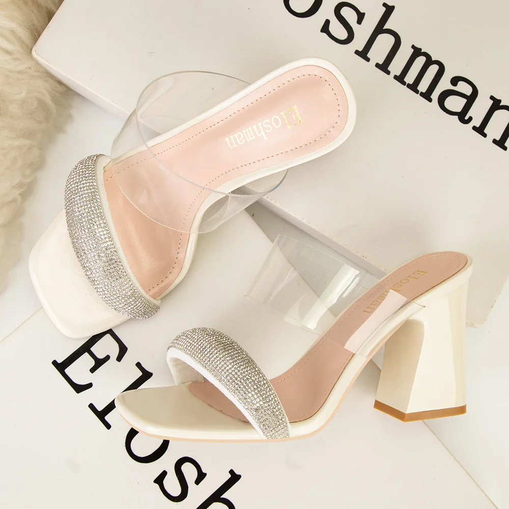 Banquet with women's sandals, square toe, rhinestones, block heels, open-toed heels, and slippers