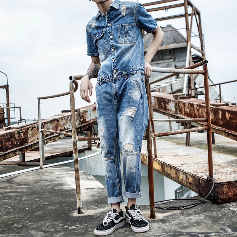 Denybloood Jeans Fashion Men's Ripped Jeans Jumpsuits High Street Distressed Denim Bib Overalls For Man Suspender Pants 0301