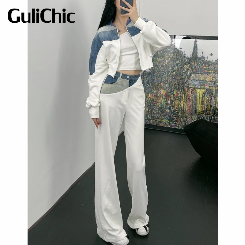 

8.9 GuliChic Women High Street Contrast Color Patchwork Denim Short Jacket Or Trousers Casual Set