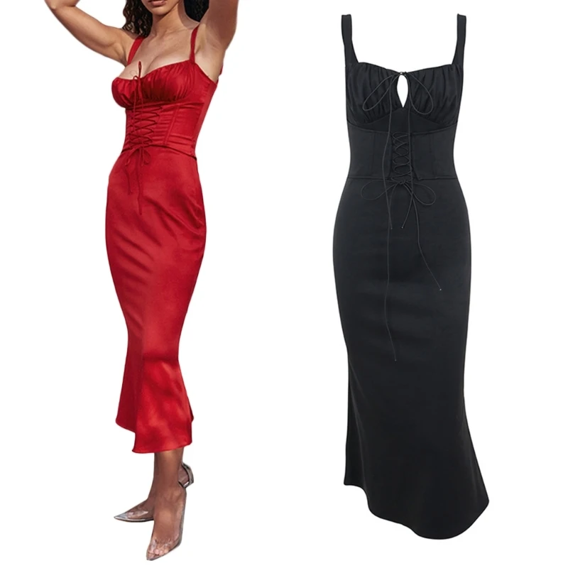

A0NF Women Hot Girls Summer Package Hip Skirt Ruffle Hem Pleated Sleeveless Long Skirt Holiday Wedding Guest Pleated Dress
