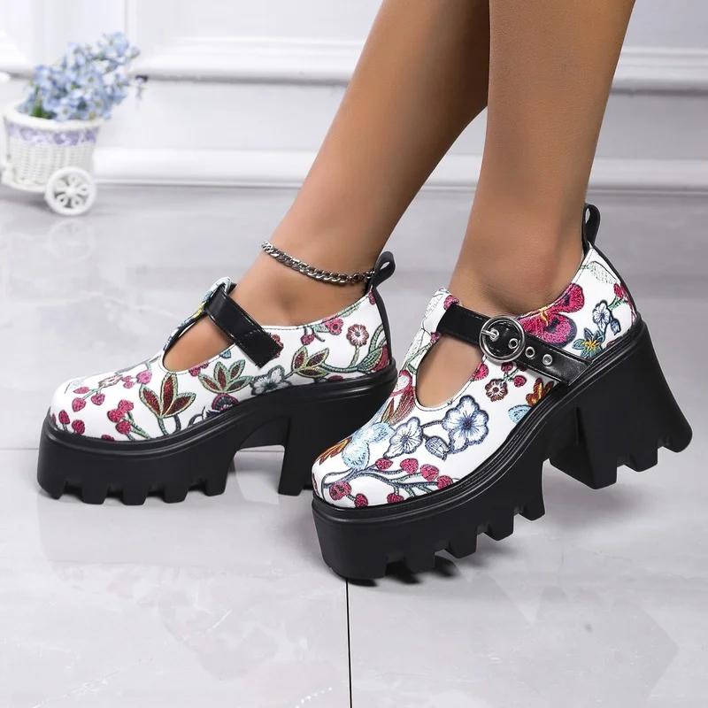 

Spring Autumn Girls Lolita Shoes Print Women Mary Janes Shoes Platform Woman High Heels Round Toe Ladies Shoes Chunky Pumps