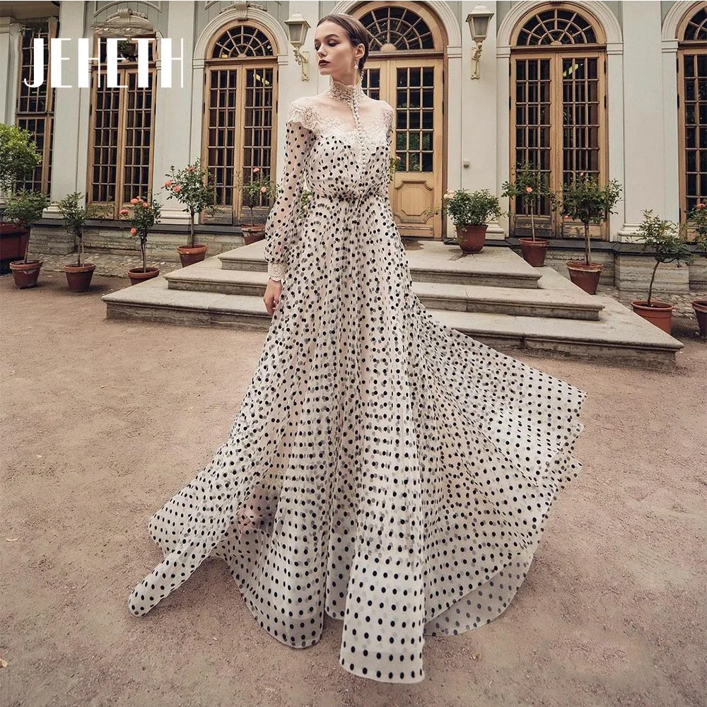 

Lace Appliques High Neck Prom Dresses Long Sleeves A-Line Evening Gown Button Dotted Tulle Formal Party Vestido De Gala Elegante