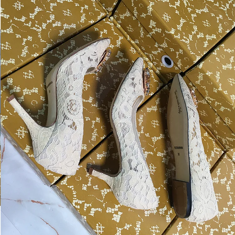 2023 Autumn Lace Pointed High Heel Net Yarn Breathable Rhinestone Flat Fine Heel Women's Single Shoes