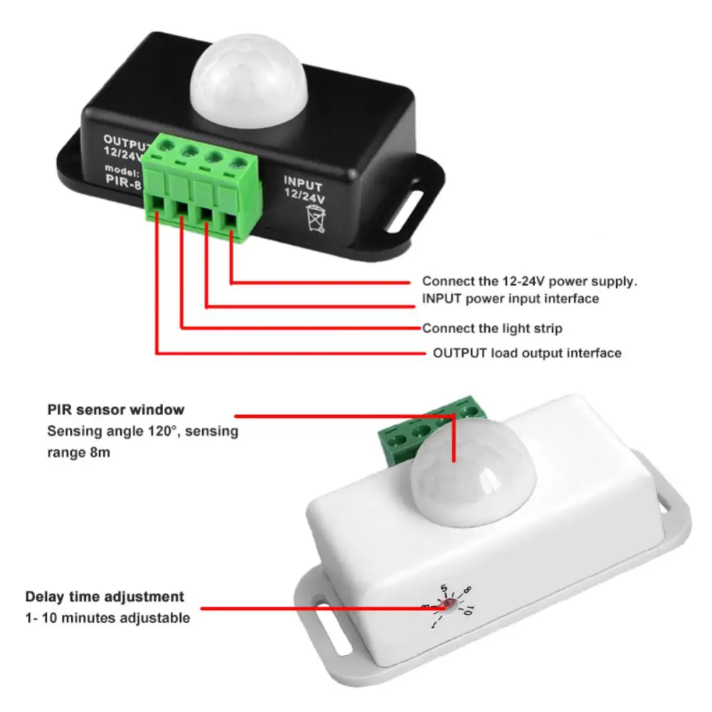 

12V 24V 8A Automatic Adjustable PIR Motion Sensor Switch IR Infrared Detector Light Switch Module for LED Strip Light Lamp
