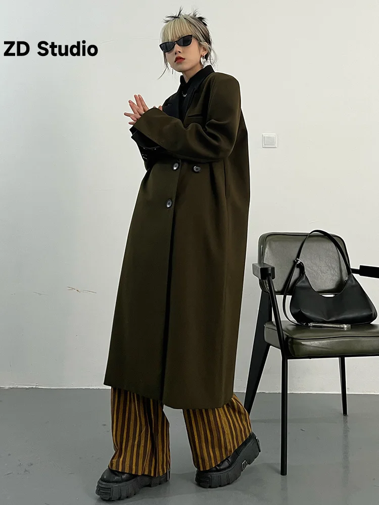 

[ZD Studio] Women Coffee Shoulder Padded Size Long Blazer New Lapel Long Sleeve Jacket Fashion Tide Spring Autumn 2023 1DF0213