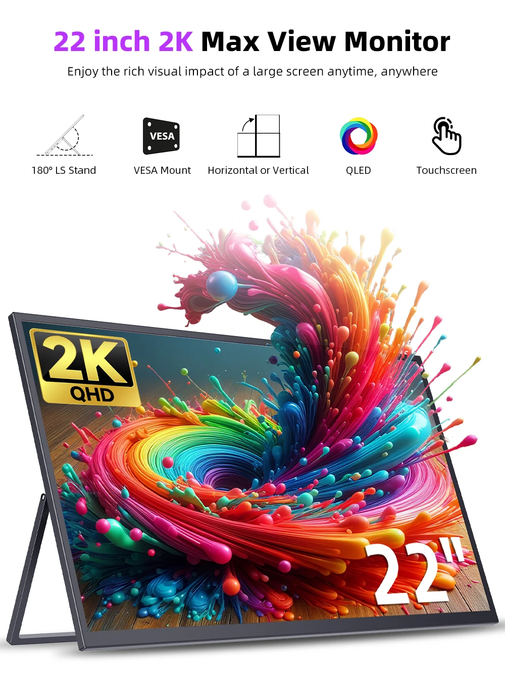 Фото Портативный сенсорный монитор UPERFECT 22 дюйма 2K с VESA и 180 ° Регулируемая подставка 2560*1440 QHD FreeSync IPS HDR Большой игровой дисплей №2