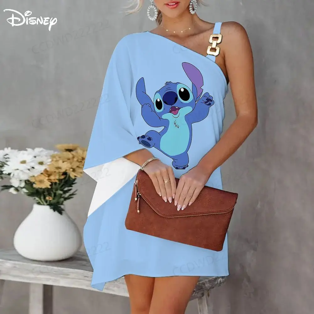 Summer Dresses Woman 2022 Offer Lilo & Stitch Diagonal Collar Dress One-Shoulder Disney Album Elegant Women Evening Party Luxury
