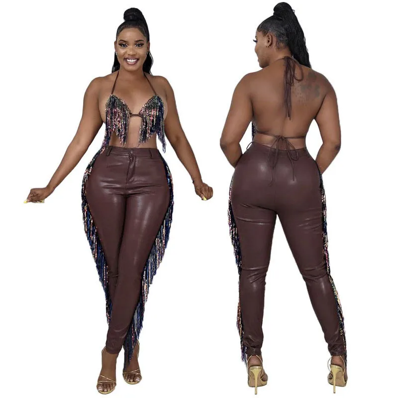 

Сексуальный комплект WUHE из искусственной кожи из двух предметов для женщин, комплекты для ночного клуба на день рождения, укороченный топ с ...