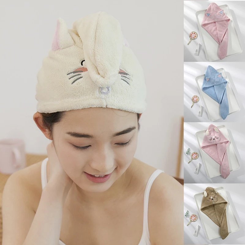 

Women Soft Microfiber Towels Shower Cap Towel Bath Hats Dry Hair Quick Drying Lady Turban Head Girl Cat Embroidery Coral Velvet