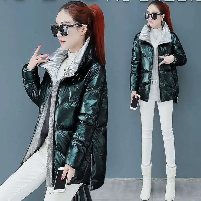 

2022New Winter Jacket Parkas Women Glossy Down Cotton Jackets Stand Collar Parka Warm Female Cotton Padded Jacket Casual Outwear