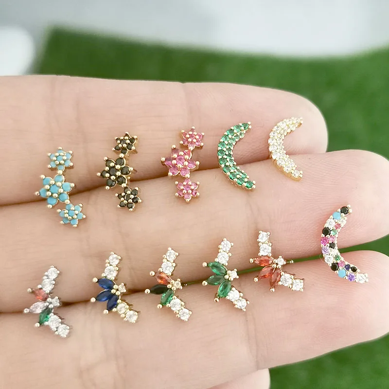 

QMHJE 1 Piece Moon Star Bee Flower Plant Stud Earring for Women Small Gold Silver Color Crystal Stone Jewelry Mini Arete Pierced