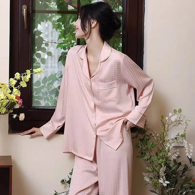 

Women's Thousand Bird Jacquard Printed Pajama Set Loose Long Sleeved Ice Silk Pyjamas Two-piece Set Sleepwear