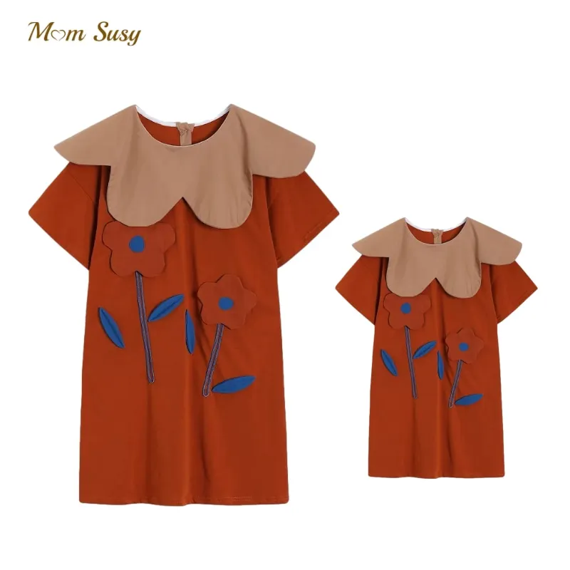 

Family Matching Girl Cotton Flower Dress Summer Mom Daughter Tshirt Dress Outfit Casual Kawaii Lotus Collar Baby Adult Clothes