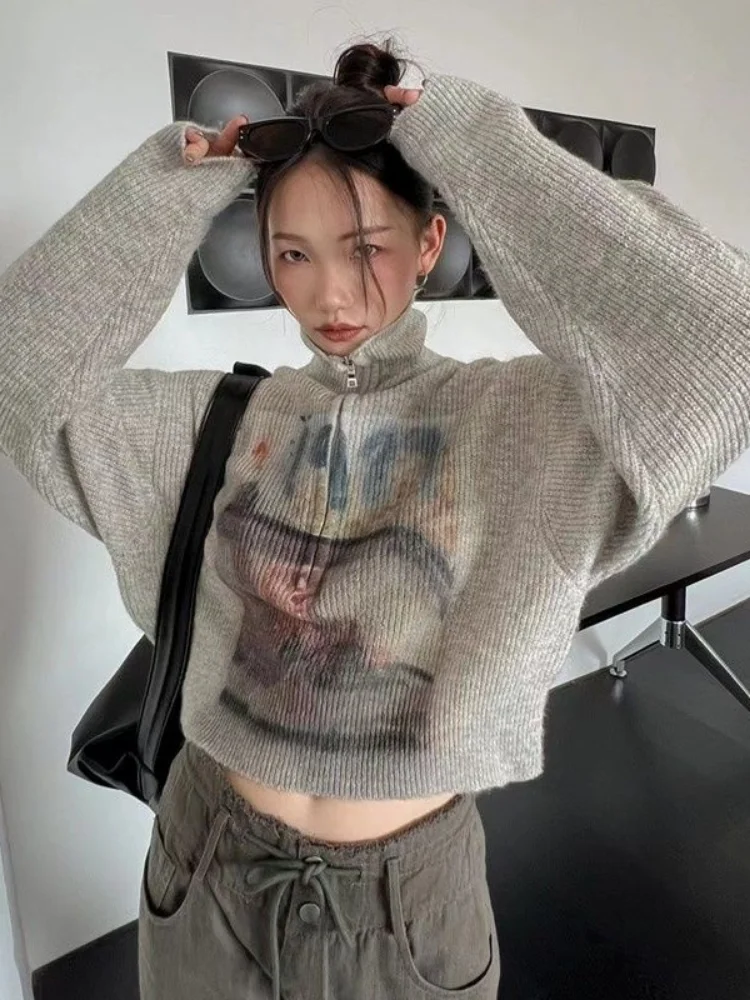 Y2k винтажные вязаные свитера с высоким воротником пуловер на молнии женские