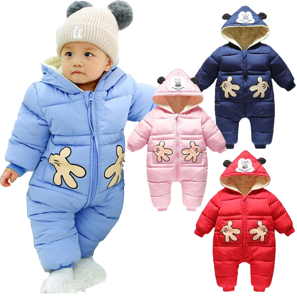 Mickey Mouse Baby Romper Winter Infant Cotton Hooded Jumpsuits Kids Thicken Warm Snow Clothes Toddler Boy Velvet One Piece Sets