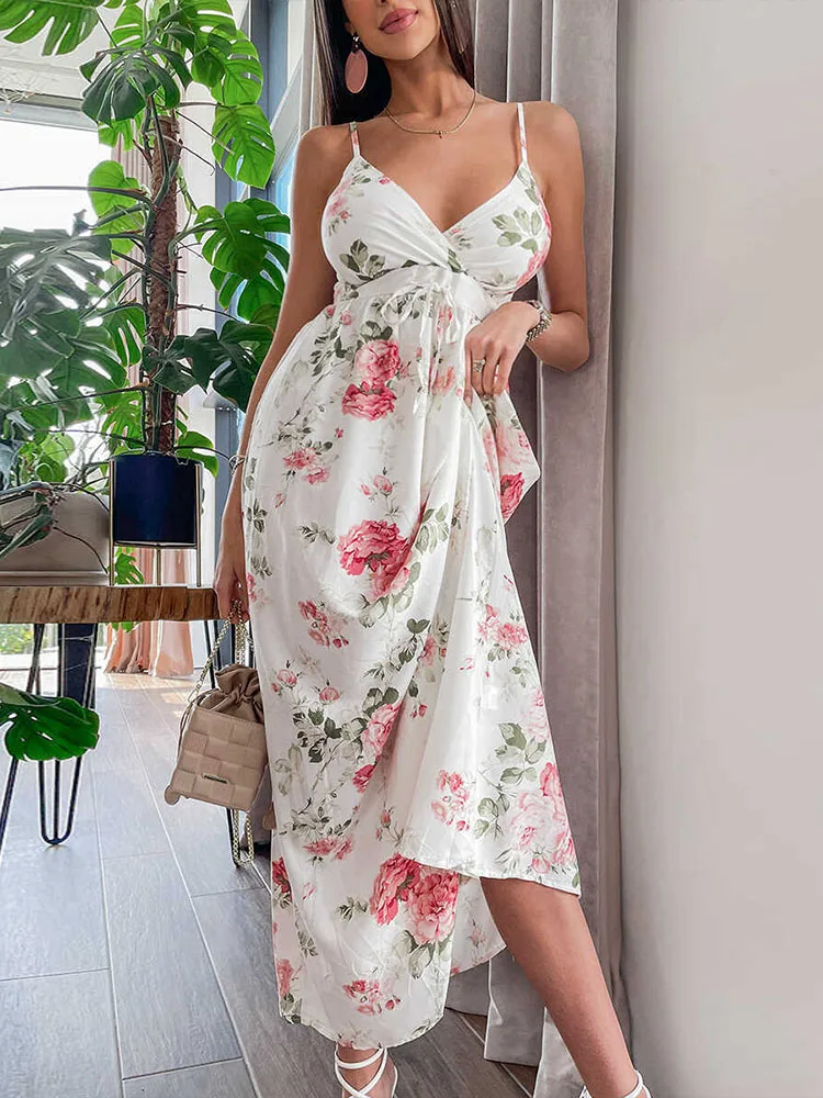 

New Sexy Deep V Sling Beach Dress Fashion Print Boho Long Ladies Dress Summer Casual Elegant Lace Up Slim Waist Holiday Dress