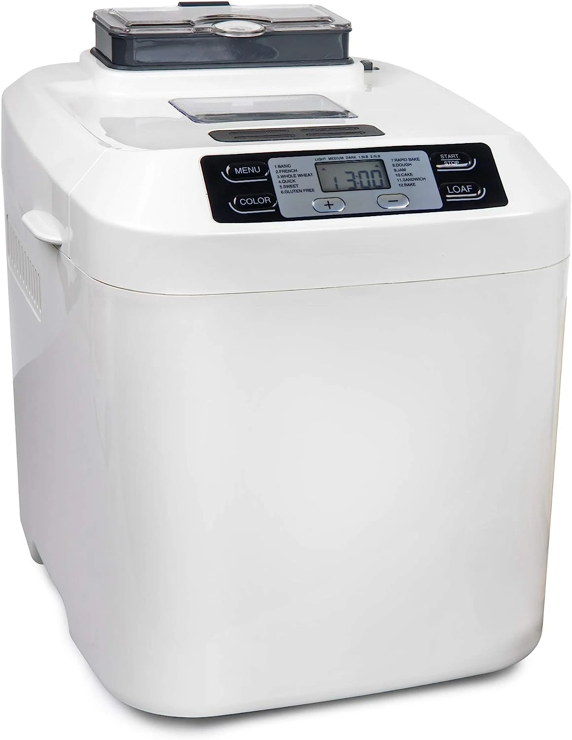 

HCPBMAD2WH Bread Maker with Auto Fruit & Nut Dispenser Makes 2 Lb. Loaf Size, 3 Crust Options, Programmable Settings, 14"