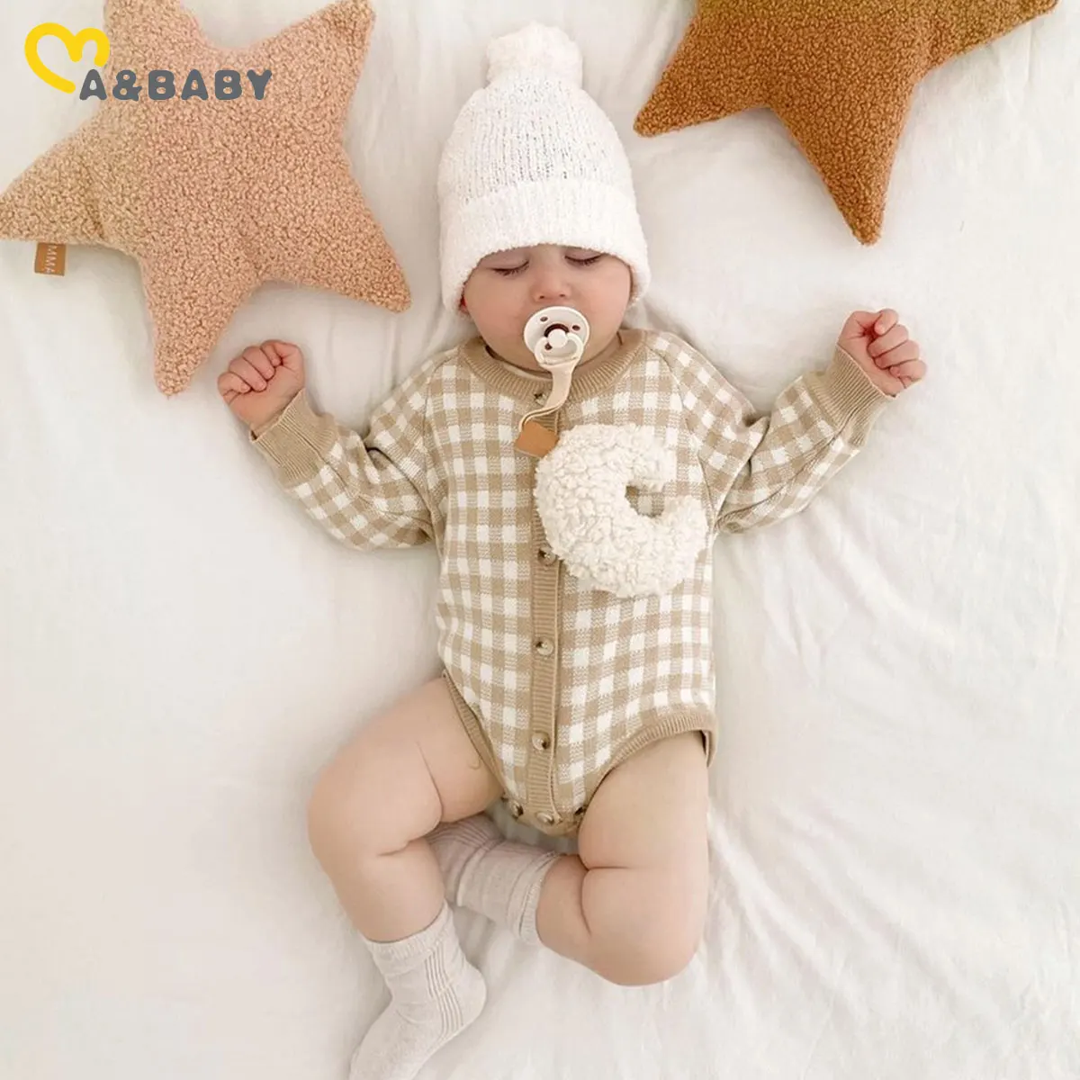 

Ma&Baby 0-24M Warm Knit Baby Romper Newborn Infant Boy Girl Long Sleeve Plaid Print Button Jumpsuit Fall Spring Clothing