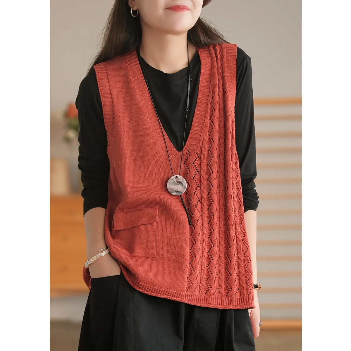

Balonimo Spring Autumn Knitted Vest Women's Retro V-neck Solid Color Sleeveless Hollowout Vintage Loose Sweater Korean Style