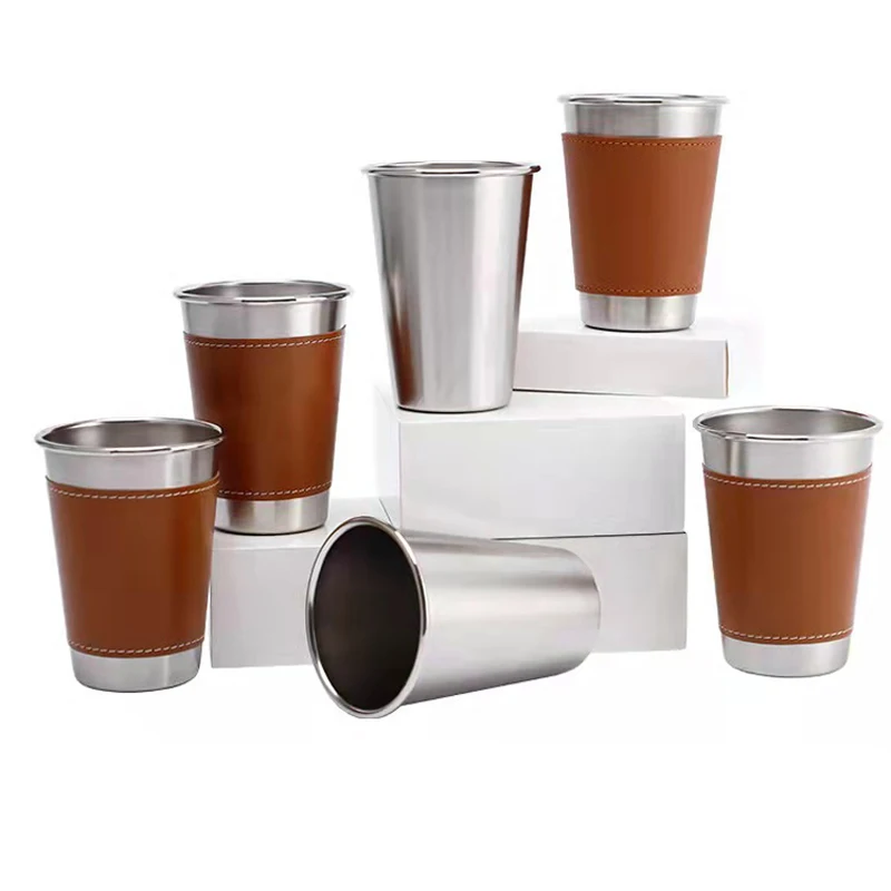 

Cups Travel Cold Tableware 4pcs/lot Beer Case Stainless Steel Leather Drink Outdoor 10-16oz Set Camping Cup Cup Glasses Drinking