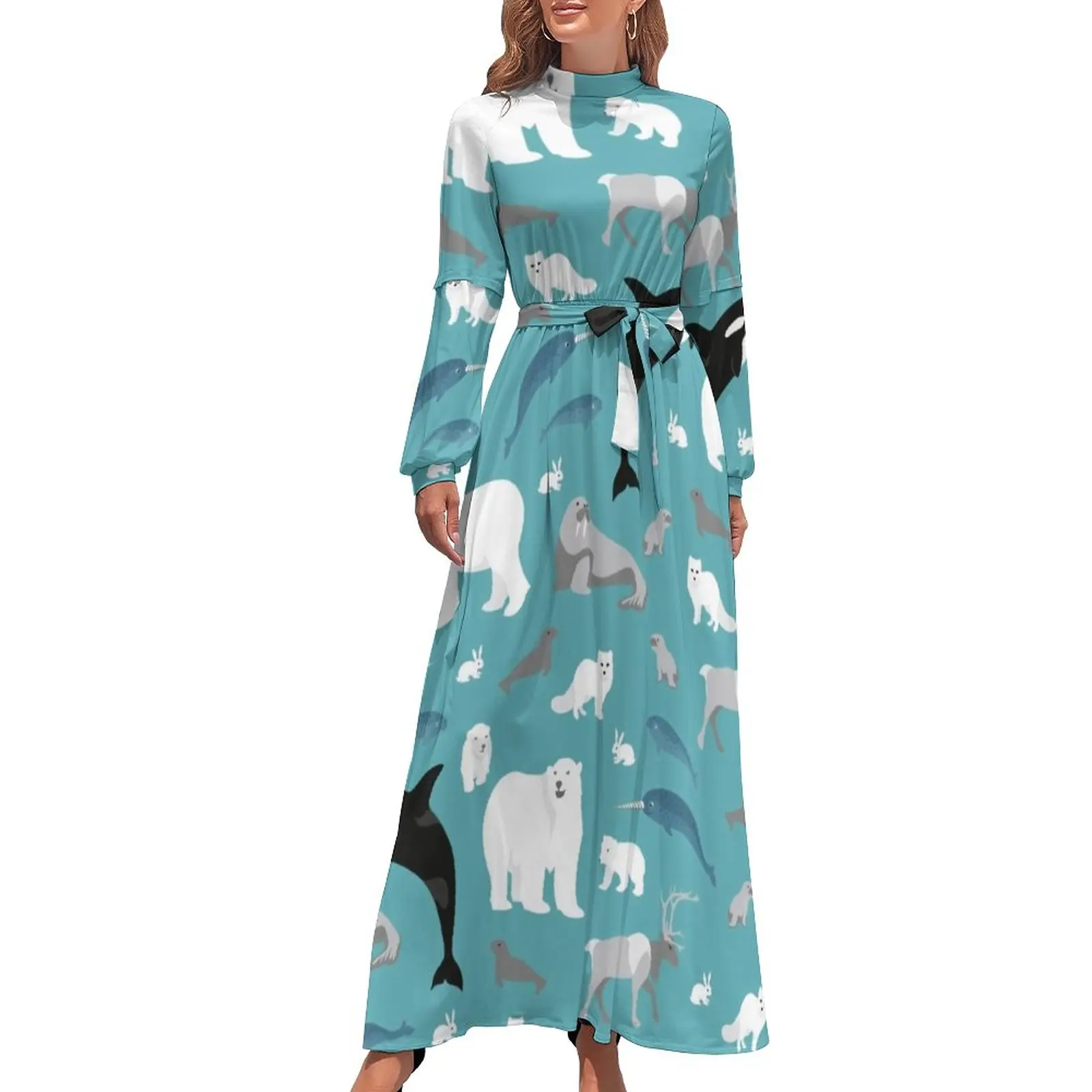 

Arctic Animal Print Dress High Waist Polar Bear Graphic Beach Dresses Long Sleeve Street Fashion Long Maxi Dress Cute Clothes