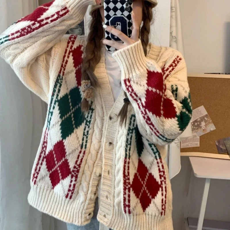 Korean Fashion Rhombus Sweater Women Cardigan Winter All-match Loose Casual Thicken Long Sleeve V-neck Knitted Cardigan Coat