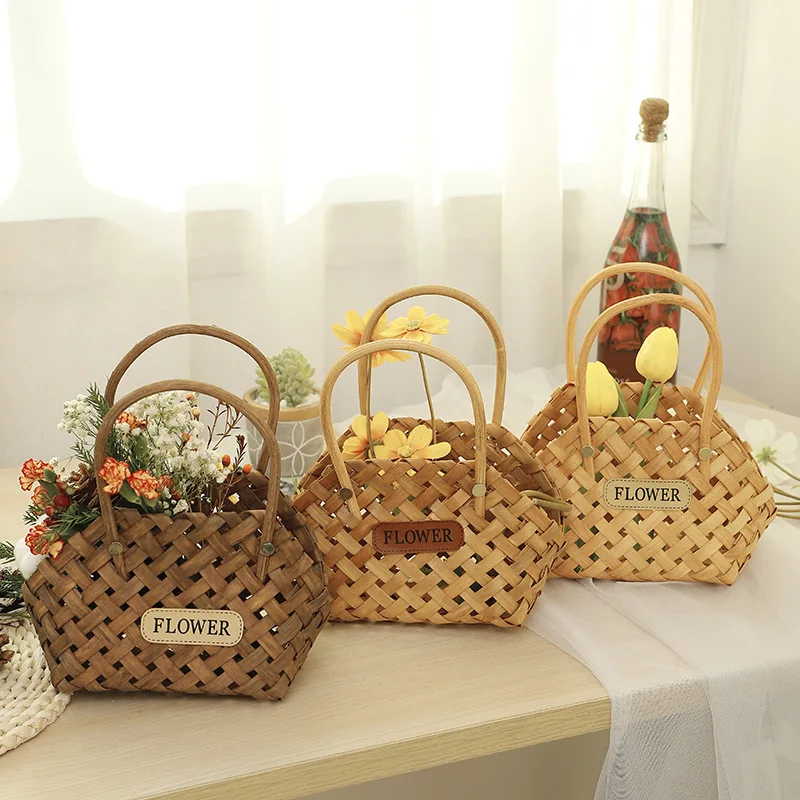 

1Pcs Hand Woven Wood Chip Storage Basket Picnic Basket Fruit Basket Desktop Storage Box Tea Snack Bread Basket Kitchen Supplies