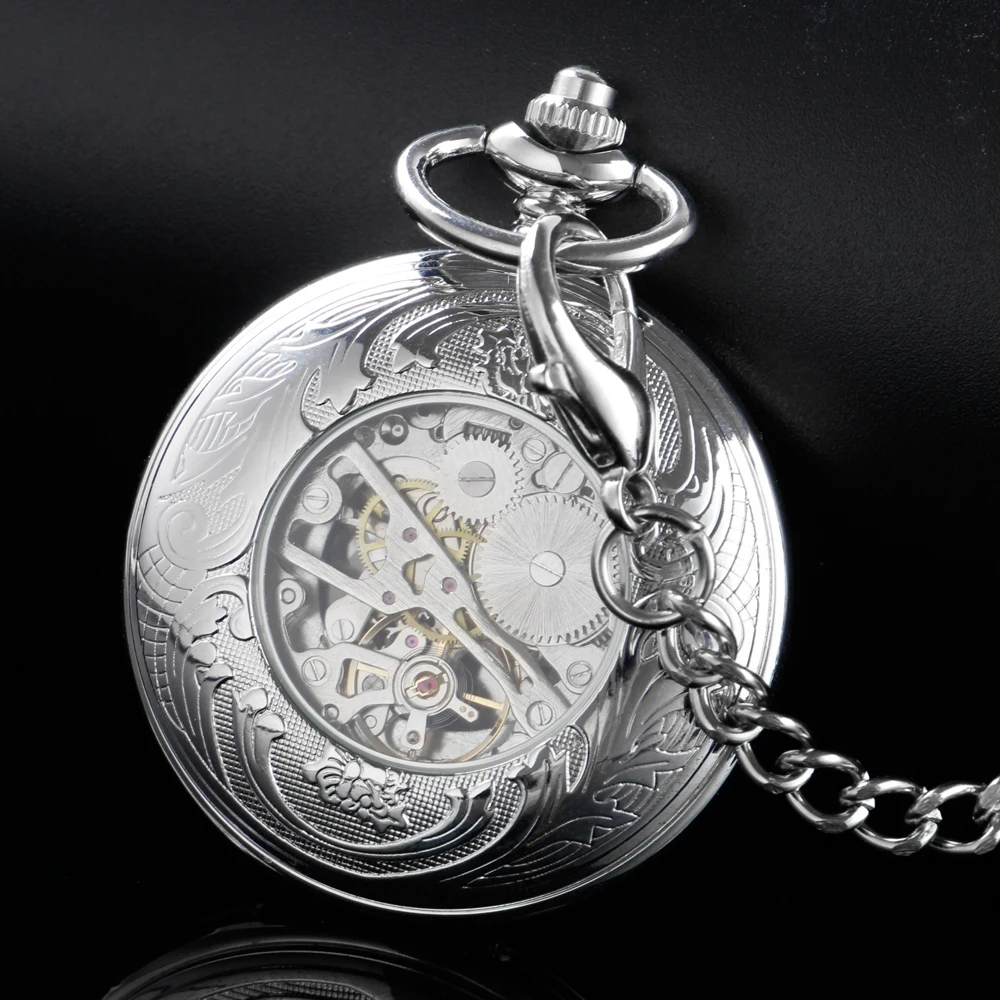 Silver Carp Hollowed-Out Design Mechanical Manual Pocket Watch Roman Digital Skull Dial Pendant Automatic Antique Clock Gift