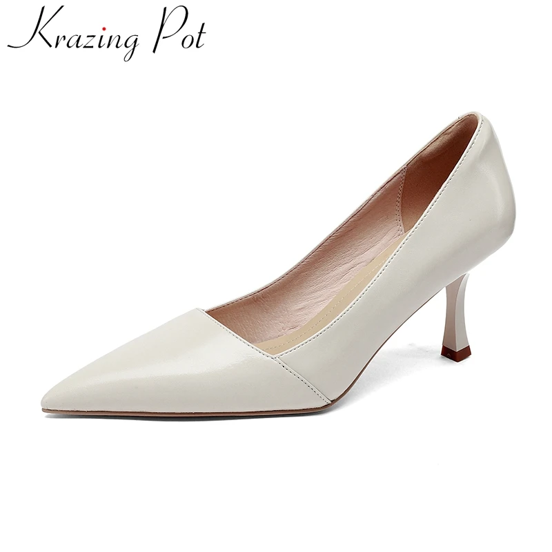 

Krazing Pot cow leather shallow stiletto high heels slip on pointed toe summer spring shoes concise office lady sexy women pumps