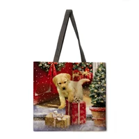 christmas dog print womens handbag linen reusable shopping bag womens shoulder bag main womens handbag