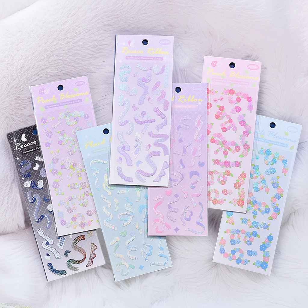 

4PCS/12PCS Flower & Ribbon Hologram Stickers - Cute Kawaii Korean Style for Scrapbooking, Journaling, Toploader deco