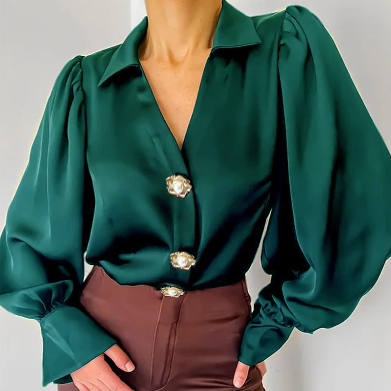 

Shirts Women 2022 Elegant Chic Ladies Tops Lantern Sleeve Turn-down Collar Slim Button Casual Satin Shirts Blouses Camisas Mujer