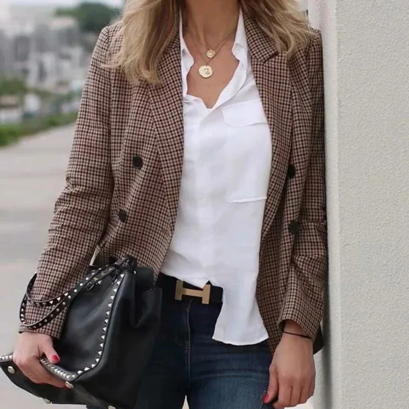 MUXI-Женская двубортная куртка в клетку свободный офисный костюм Официальный