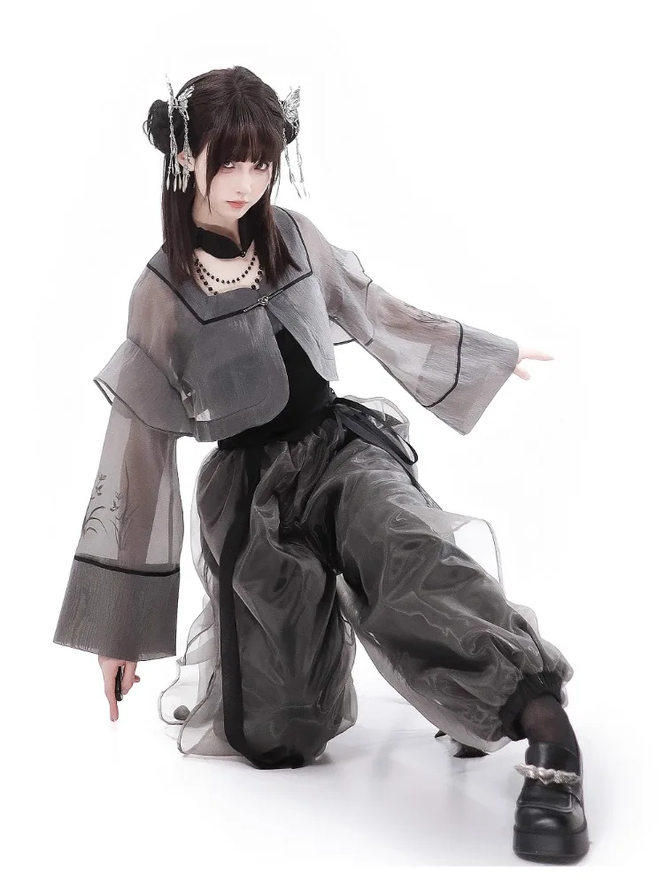 Черно-серая камзол в китайском стиле с орхидеей кардиган дизайн брюк костюм