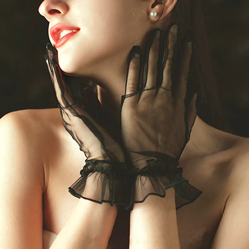Фото Женские кружевные перчатки с закрытыми пальцами Короткие тюлевые свадебные
