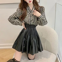 houzhou black leather skirt women punk high waist a line pleated mini skirts gothic grunge korean fashion harajuku streetwear