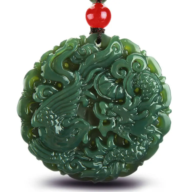 Natural Hotan Jade Sapphire Dragon and Phoenix Pendant for Men and Women