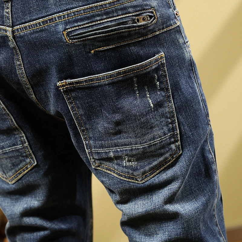 Street Fashion Men Jeans Vintage Blue Zipper Designer Elastic Stretch Skinny Ripped Jeans Men Spliced Hip Hop Biker Pants Hombre