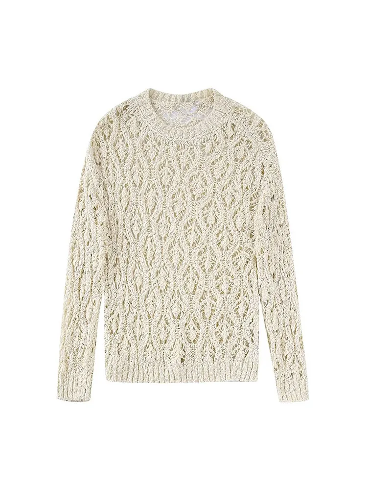 

YLJHQX 2022 Spring Women Fashion Jacquard Mesh Knit Sweater Versatile Long Sleeve O Neck Female Pullovers Chic Top
