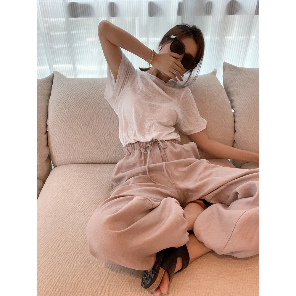 2023 Spring/Summer niche design light and comfortable elasticated waist drawstring linen casual trousers for women