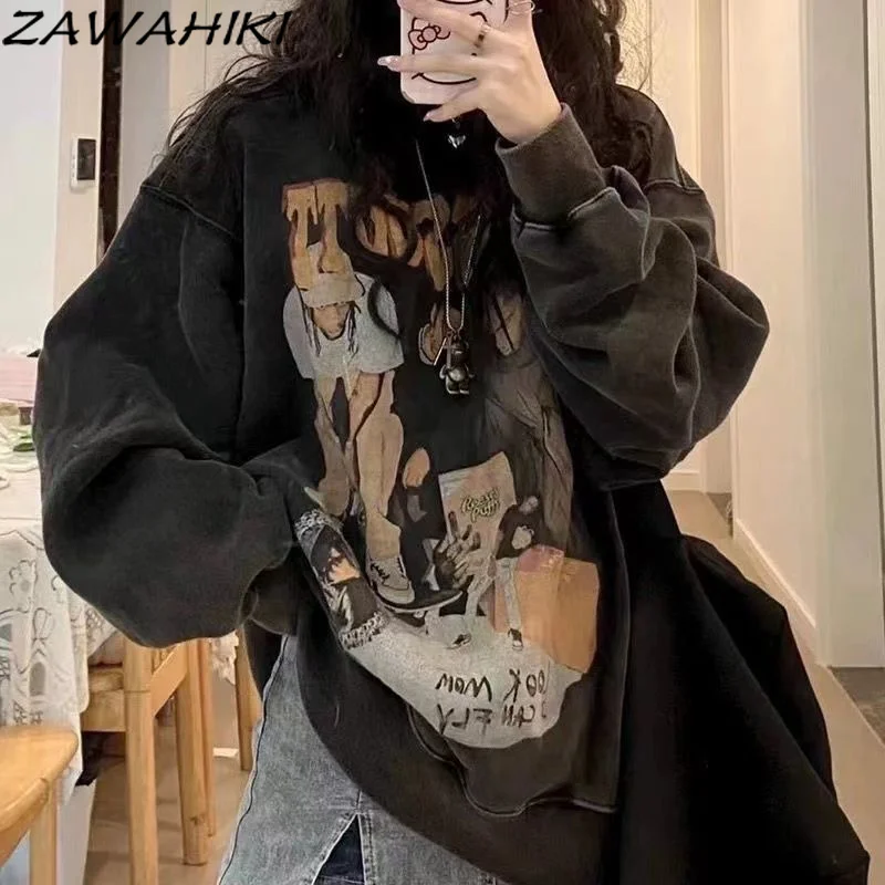 

Sweatshirts Women Loose Long Sleeve Shirts Cartoon Print Vintage Oversized Warm Pullover Hoodie O-neck Classic Hoodies Tops