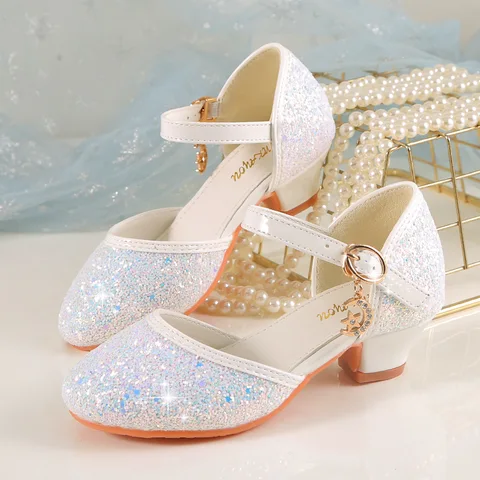 Новинка 2023, обувь принцессы для девочек, модные детские туфли на высоком каблуке с блестками, обувь для малышей с кристаллами, Размеры 26-38