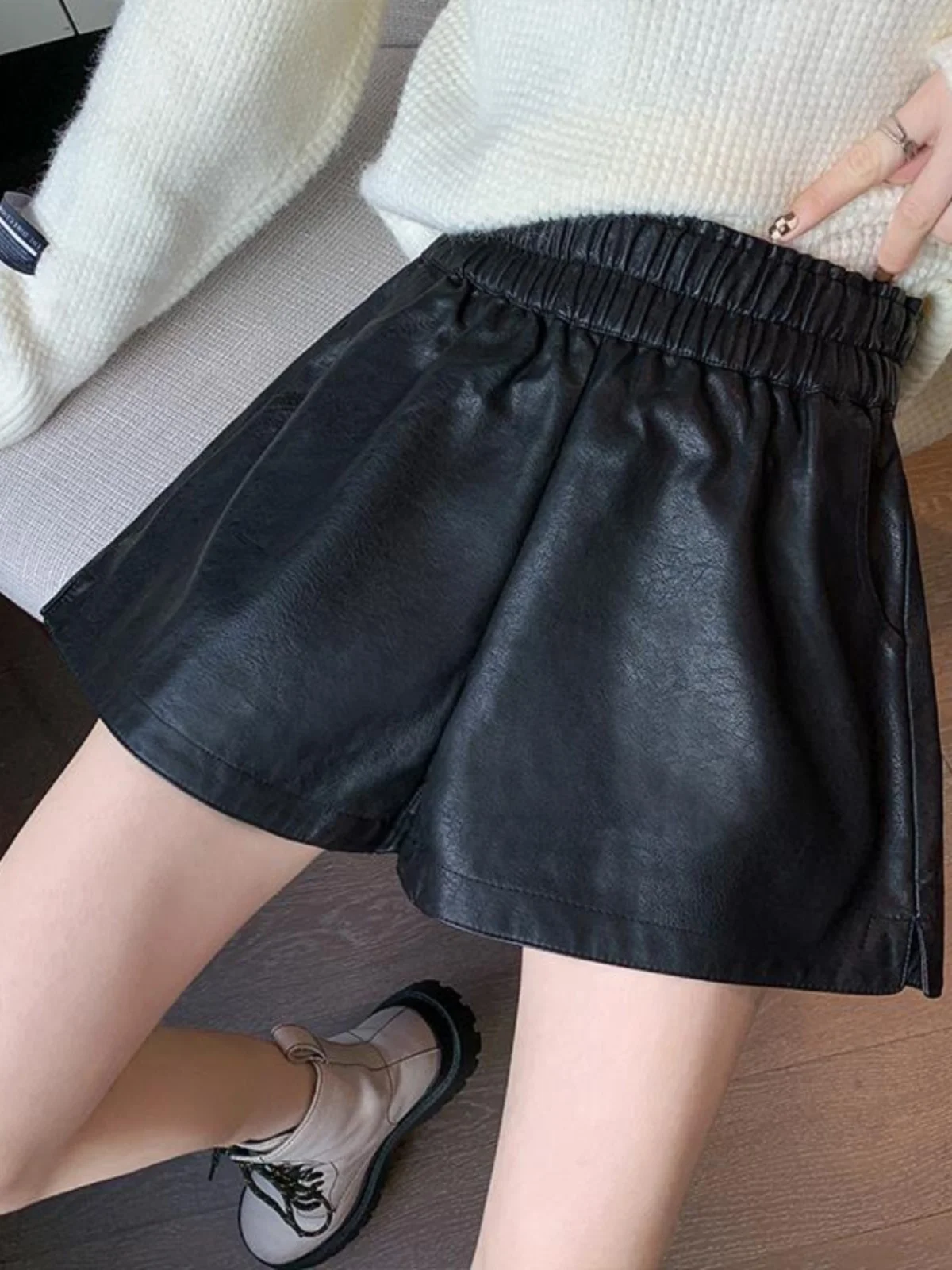 Большие размеры Шорты из искусственной кожи Женские осенние и зимние новые