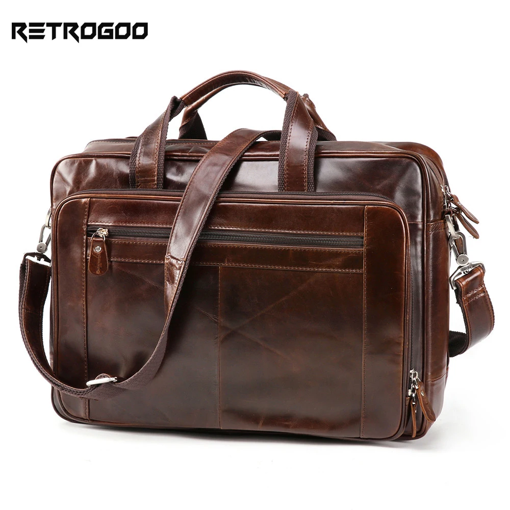 

Портфель RETROGOO мужской из натуральной кожи, сумка для ноутбука 15,6 дюйма, вместительный мессенджер в деловом стиле, офисный саквояж на плечо A4
